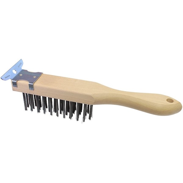 Scratch Brush, 11 in X 1-1/2 in Wood Block W/Scraper, Steel Fill, 12PK
